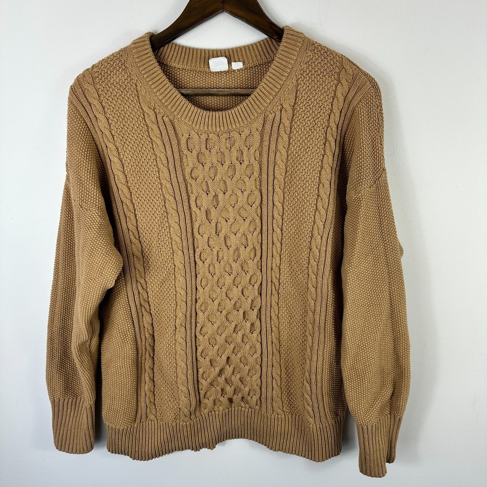 GAP Cable Knit Sweater Mens XL Camel Tan Crew Neck Classic Preppy Shaker Stitch
